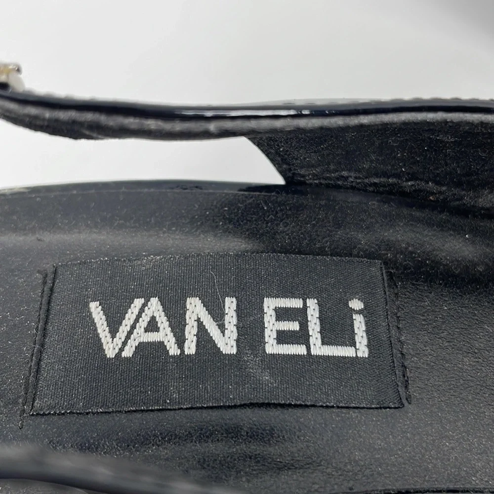 VAN ELI Wedge Heel Sandals Sling Back Open Toe Black Patent Leather Cork 9.5